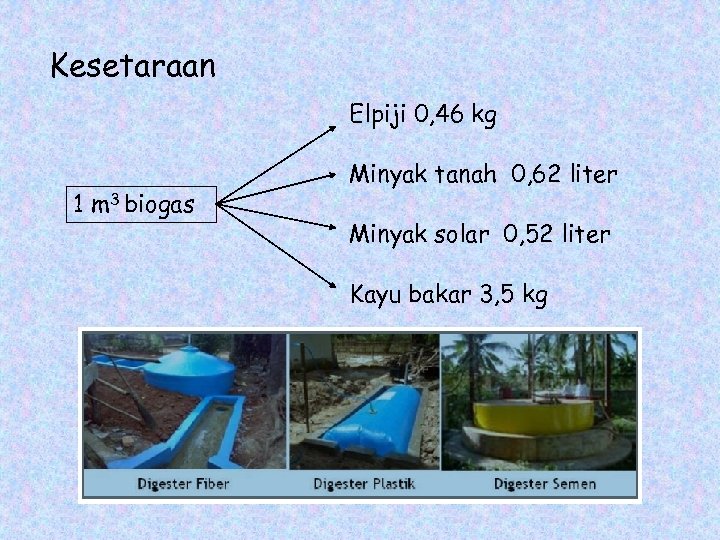 Kesetaraan Elpiji 0, 46 kg 1 m 3 biogas Minyak tanah 0, 62 liter