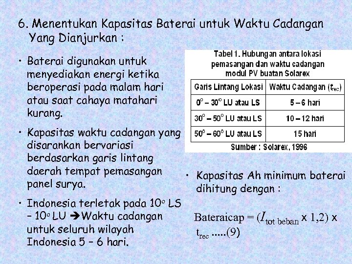 6. Menentukan Kapasitas Baterai untuk Waktu Cadangan Yang Dianjurkan : • Baterai digunakan untuk