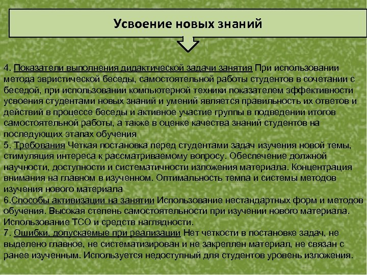 Усвоение новых знаний 4. Показатели выполнения дидактической задачи занятия При использовании. метода эвристической беседы,