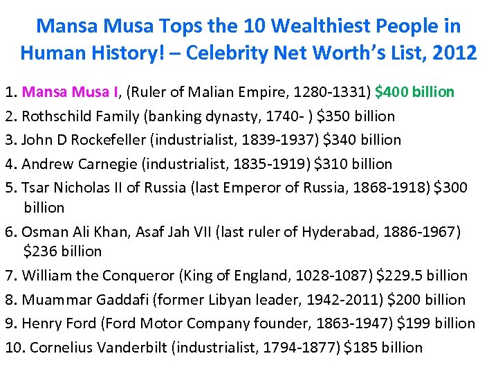 Mansa Musa Tops the 10 Wealthiest People in Human History! – Celebrity Net Worth’s