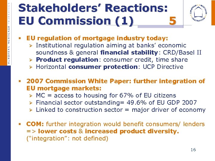  Stakeholders’ Reactions: EU Commission (1) 5 § EU regulation of mortgage industry today: