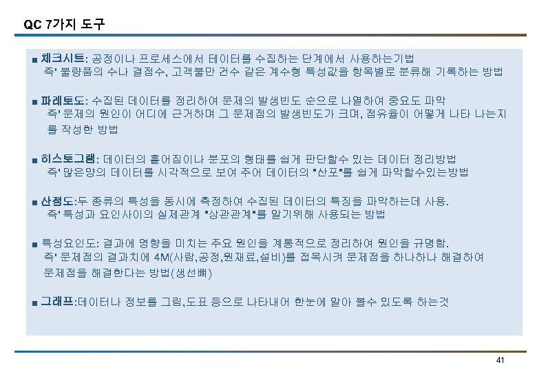 QC 7가지 도구 ■ 체크시트: 공정이나 프로세스에서 테이터를 수집하는 단계에서 사용하는기법 즉' 불량품의 수나