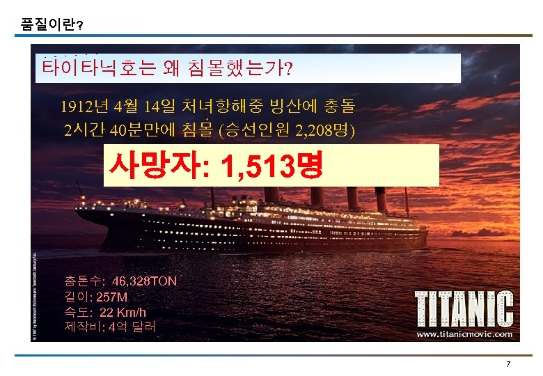 품질이란? 타이타닉호는 왜 침몰했는가? 1912년 4월 14일 처녀항해중 빙산에 충돌 2시간 40분만에 침몰 (승선인원