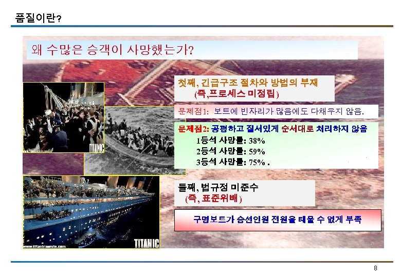 품질이란? 왜 수많은 승객이 사망했는가? 첫째, 긴급구조 절차와 방법의 부재 (즉, 프로세스 미정립) 문제점