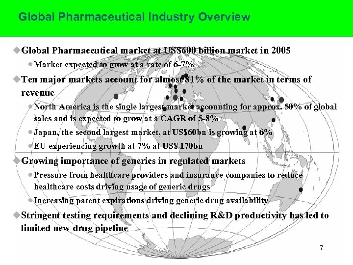Global Pharmaceutical Industry Overview u. Global Pharmaceutical market at US$600 billion market in 2005