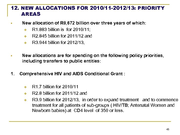 12. NEW ALLOCATIONS FOR 2010/11 -2012/13: PRIORITY AREAS § New allocation of R 8,