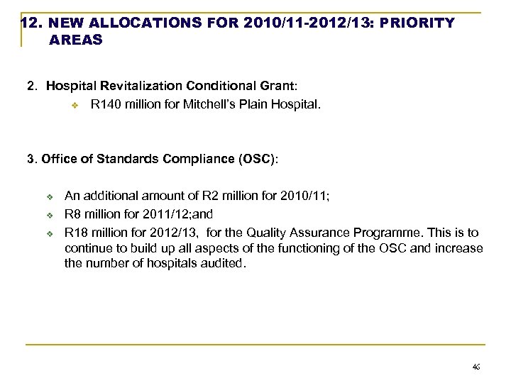 12. NEW ALLOCATIONS FOR 2010/11 -2012/13: PRIORITY AREAS 2. Hospital Revitalization Conditional Grant: v