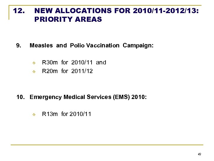 12. 9. NEW ALLOCATIONS FOR 2010/11 -2012/13: PRIORITY AREAS Measles and Polio Vaccination Campaign: