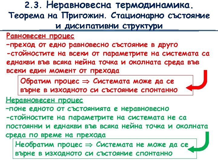 2. 3. Неравновесна термодинамика. Теорема на Пригожин. Стационарно състояние и дисипативни структури Равновесен процес