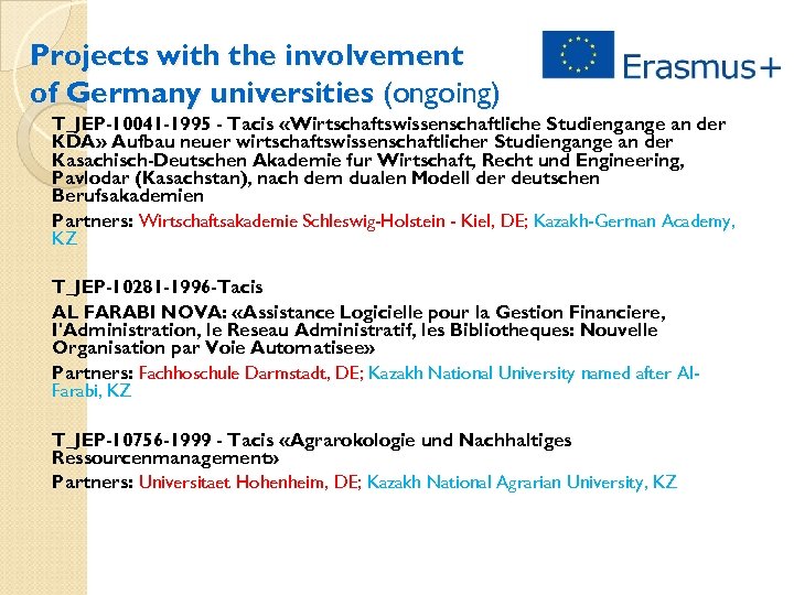 Projects with the involvement of Germany universities (ongoing) T_JEP-10041 -1995 - Tacis «Wirtschaftswissenschaftliche Studiengange