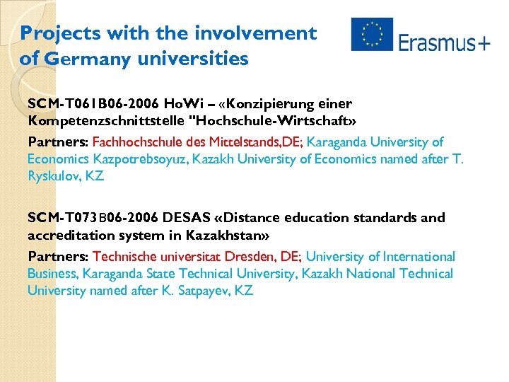 Projects with the involvement of Germany universities SCM-T 061 B 06 -2006 Ho. Wi