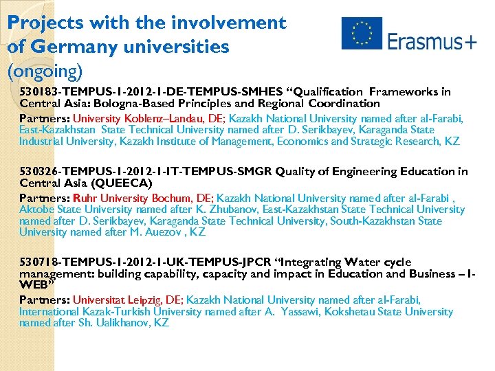 Projects with the involvement of Germany universities (ongoing) 530183 -TEMPUS-1 -2012 -1 -DE-TEMPUS-SMHES “Qualification