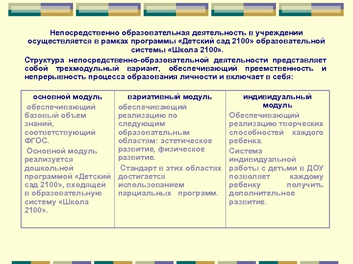 Непосредственно образовательная деятельность в учреждении осуществляется в рамках программы «Детский сад 2100» образовательной системы