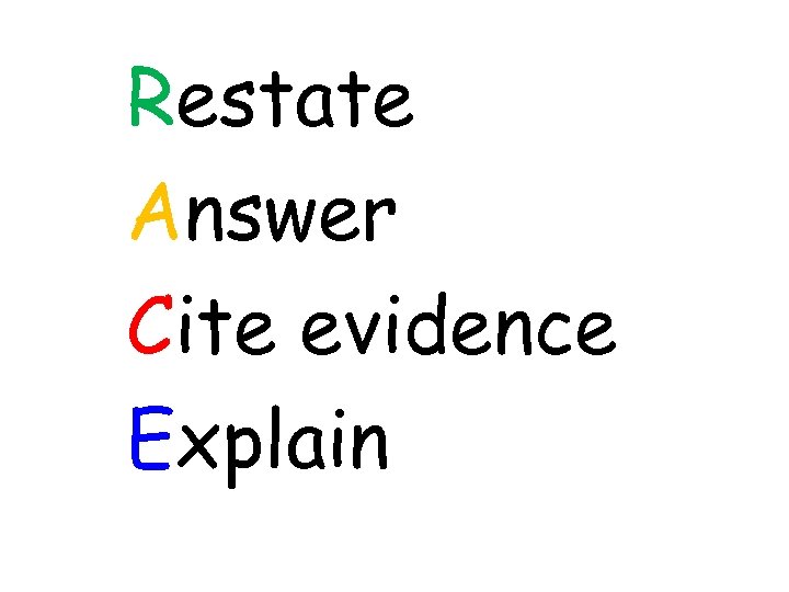 Restate Answer Cite evidence Explain 