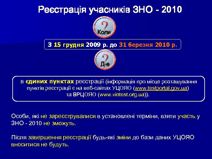 Реєстрація учасників ЗНО - 2010 Коли З 15 грудня 2009 р. до 31 березня