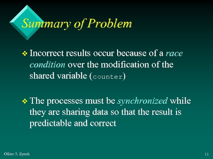 Summary of Problem v Incorrect results occur because of a race condition over the