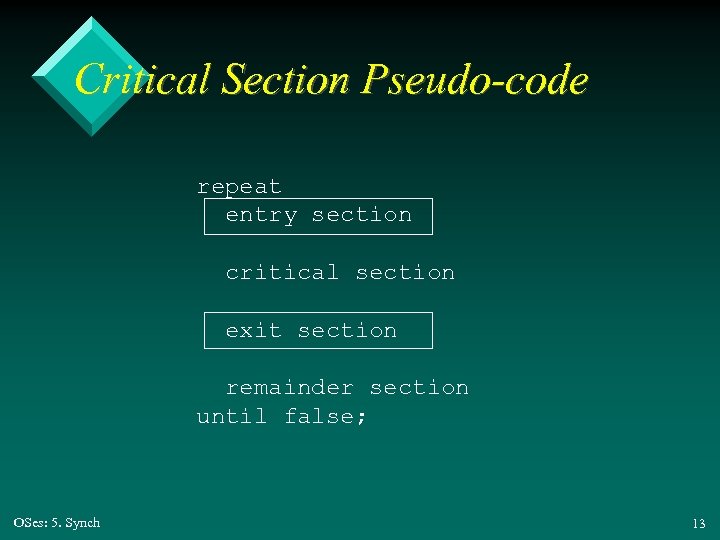 Critical Section Pseudo-code repeat entry section critical section exit section remainder section until false;
