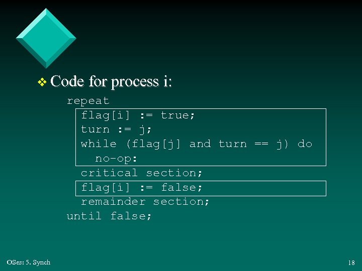 v Code for process i: repeat flag[i] : = true; turn : = j;