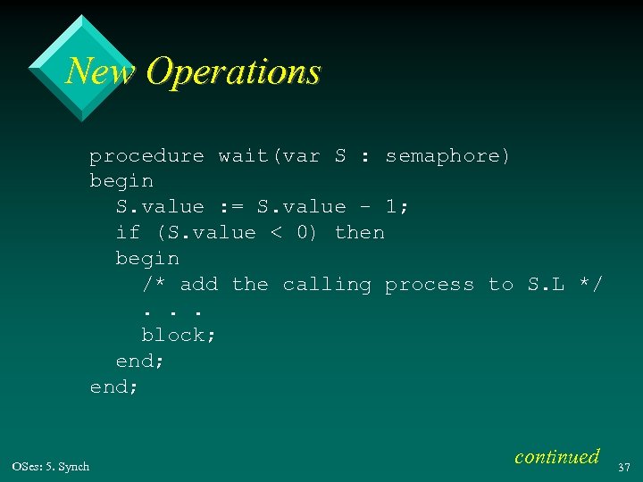 New Operations procedure wait(var S : semaphore) begin S. value : = S. value
