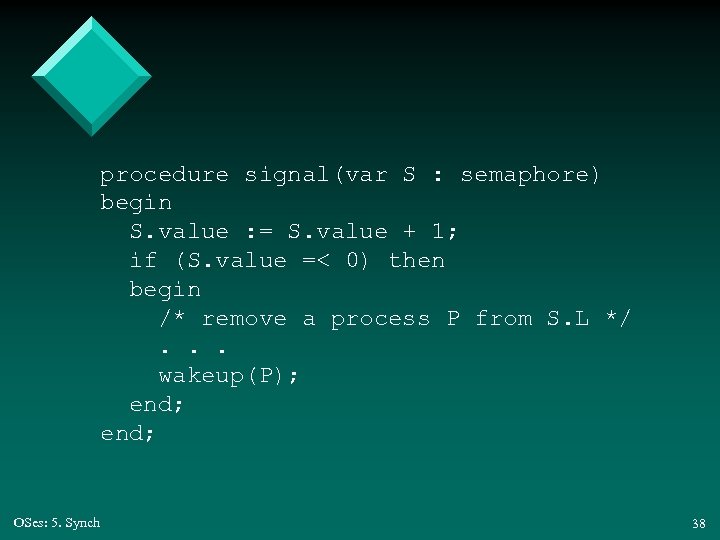procedure signal(var S : semaphore) begin S. value : = S. value + 1;
