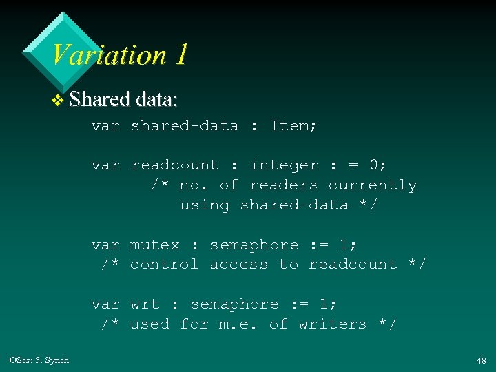 Variation 1 v Shared data: var shared-data : Item; var readcount : integer :