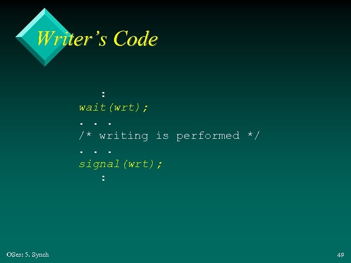 Writer’s Code : wait(wrt); . . . /* writing is performed */. . .