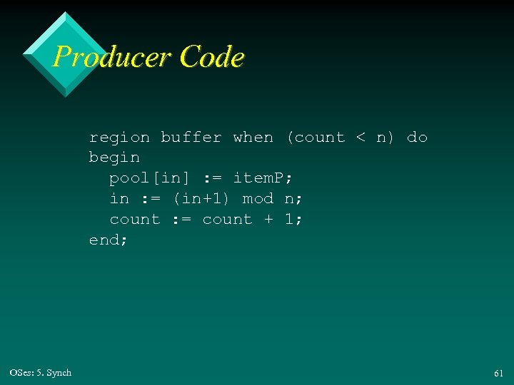 Producer Code region buffer when (count < n) do begin pool[in] : = item.
