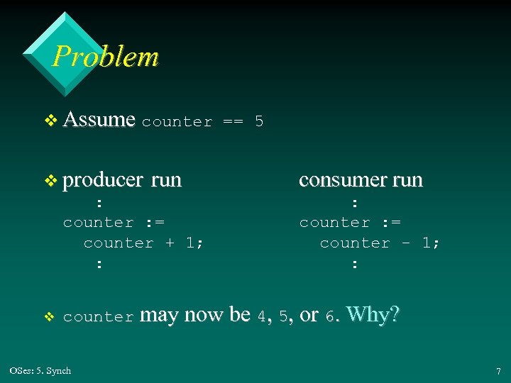 Problem v Assume counter == 5 v producer run : counter : = counter