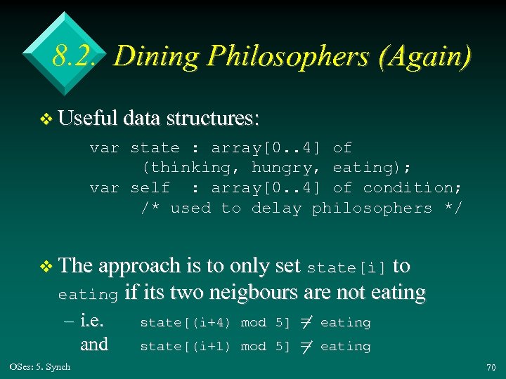 8. 2. Dining Philosophers (Again) v Useful data structures: var state : array[0. .