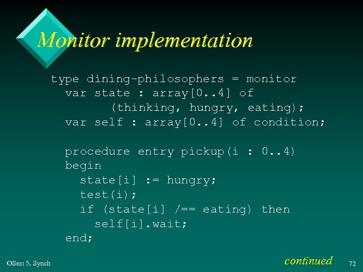 Monitor implementation type dining-philosophers = monitor var state : array[0. . 4] of (thinking,