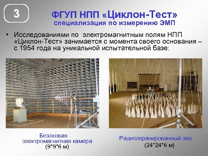 3 ФГУП НПП «Циклон-Тест» специализация по измерению ЭМП • Исследованиями по электромагнитным полям НПП