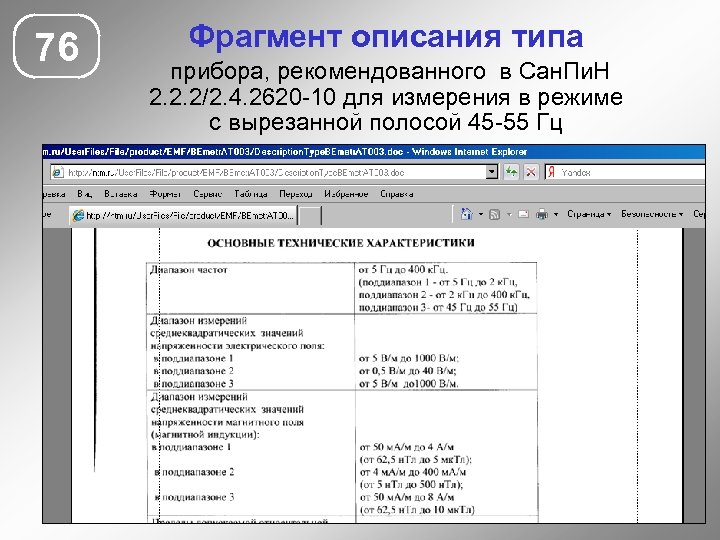 76 Фрагмент описания типа прибора, рекомендованного в Сан. Пи. Н 2. 2. 2/2. 4.
