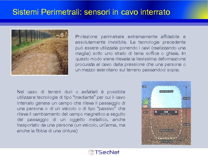 Sistemi Perimetrali: sensori in cavo interrato Protezione perimetrale estremamente affidabile e assolutamente invisibile. La