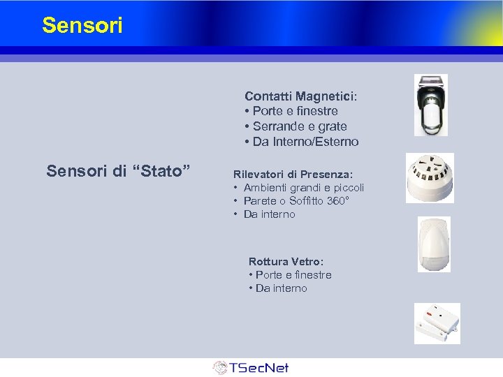 Sensori Contatti Magnetici: • Porte e finestre • Serrande e grate • Da Interno/Esterno
