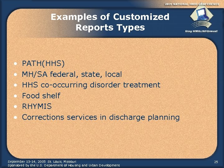 Examples of Customized Reports Types • • • PATH(HHS) MH/SA federal, state, local HHS