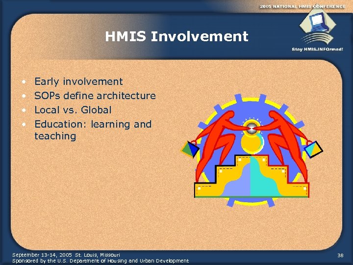 HMIS Involvement • • Early involvement SOPs define architecture Local vs. Global Education: learning