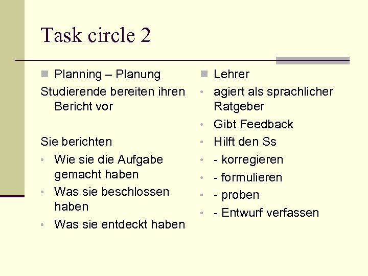 Task circle 2 n Planning – Planung n Lehrer Studierende bereiten ihren Bericht vor