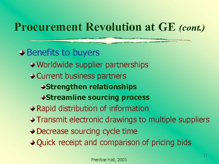 Procurement Revolution at GE (cont. ) Benefits to buyers Worldwide supplier partnerships Current business
