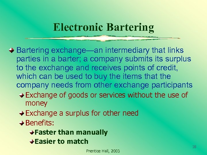 Electronic Bartering exchange—an intermediary that links parties in a barter; a company submits surplus