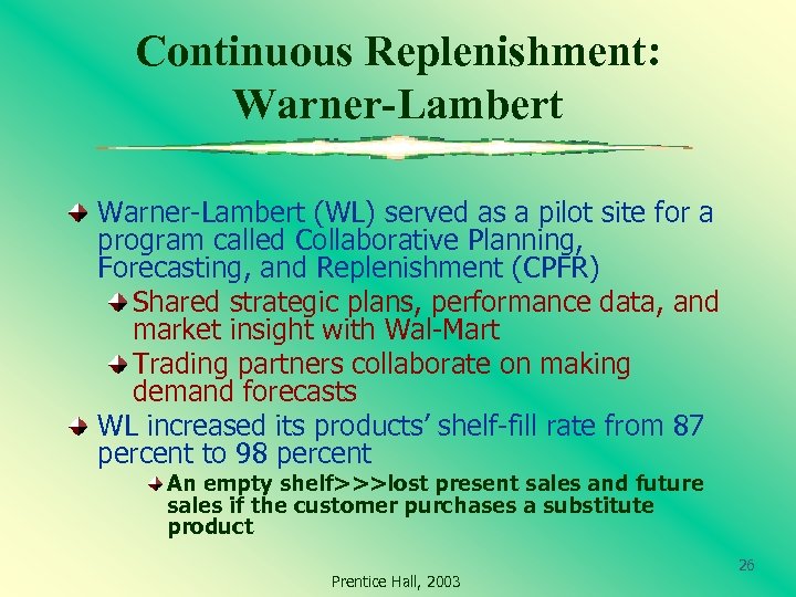 Continuous Replenishment: Warner-Lambert (WL) served as a pilot site for a program called Collaborative