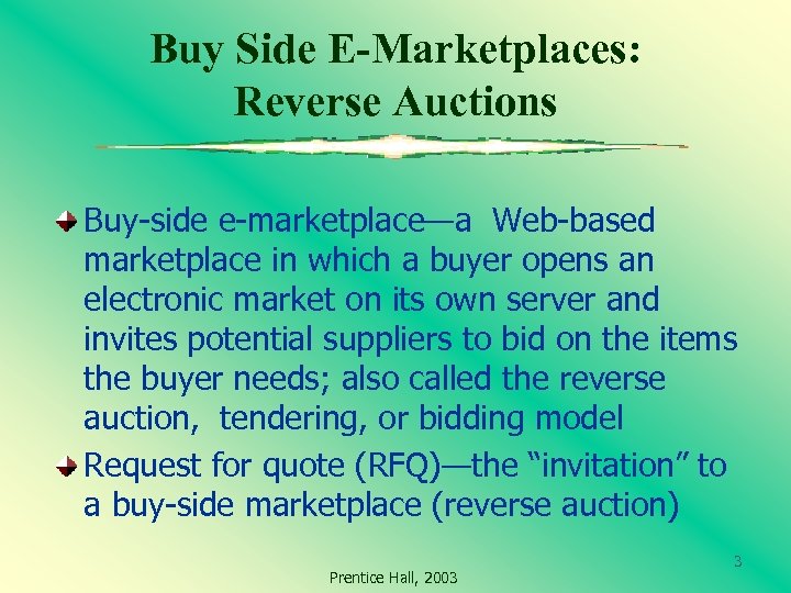 Buy Side E-Marketplaces: Reverse Auctions Buy-side e-marketplace—a Web-based marketplace in which a buyer opens