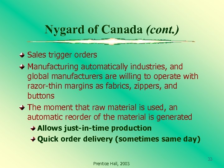 Nygard of Canada (cont. ) Sales trigger orders Manufacturing automatically industries, and global manufacturers