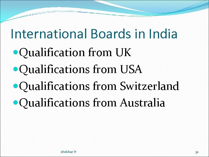 International Boards in India Qualification from UK Qualifications from USA Qualifications from Switzerland Qualifications
