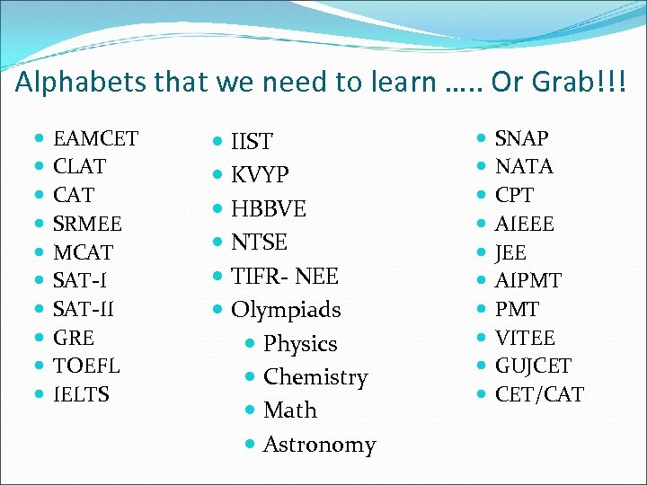 Alphabets that we need to learn …. . Or Grab!!! EAMCET CLAT CAT SRMEE
