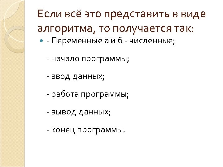 Если всё это представить в виде алгоритма, то получается так: - Переменные а и