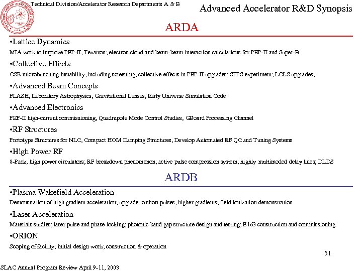 Technical Division/Accelerator Research Departments A & B Advanced Accelerator R&D Synopsis ARDA • Lattice