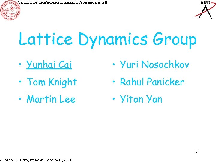 Technical Division/Accelerator Research Departments A & B Lattice Dynamics Group • Yunhai Cai •