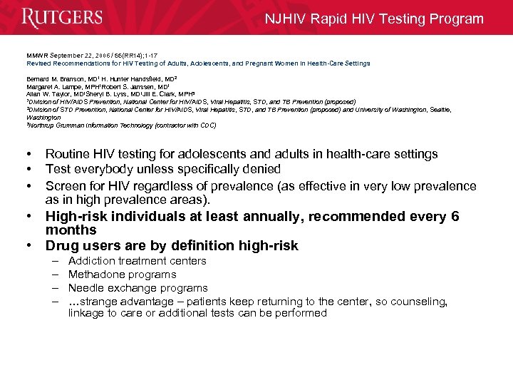 NJHIV Rapid HIV Testing Program MMWR September 22, 2006 / 55(RR 14); 1 -17