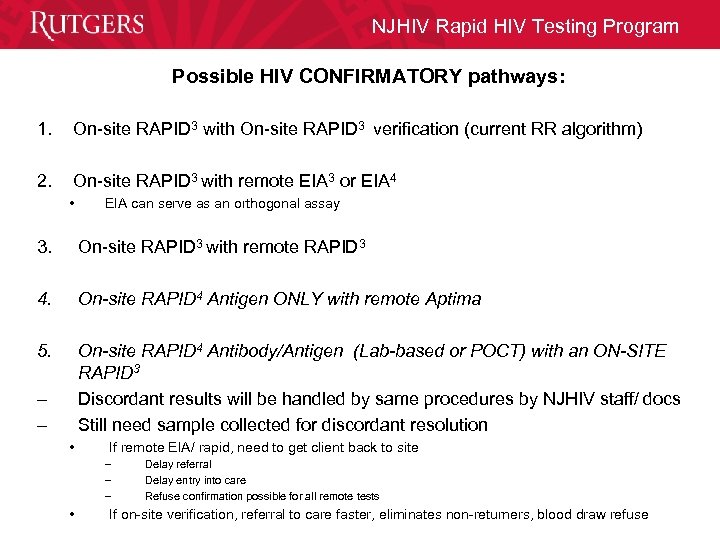 NJHIV Rapid HIV Testing Program Possible HIV CONFIRMATORY pathways: 1. On-site RAPID 3 with