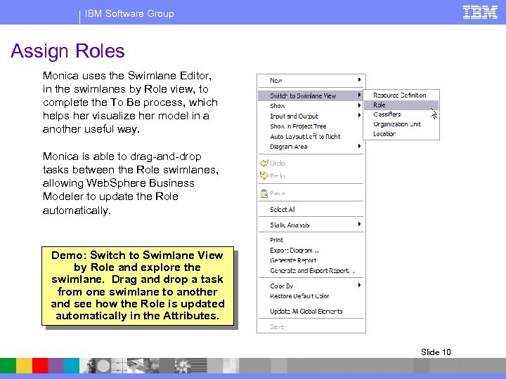 IBM Software Group Assign Roles Monica uses the Swimlane Editor, in the swimlanes by